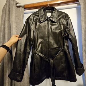 Woman's Leather Black Belted Jacket